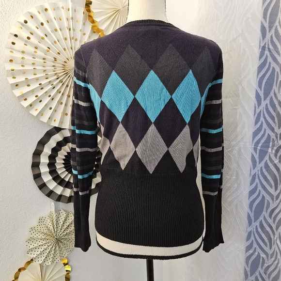 Peck & Peck | Argyle and Striped Cardigan with Button Detail | Size Small - Picture 5 of 9